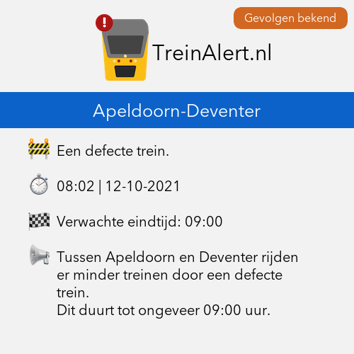 TreinAlert's tweet photo. Tussen Apeldoorn en Deventer rijden er minder treinen door een defecte trein. Dit duurt tot ongeveer 09:00 uur. https://t.co/EAmyQnWbAZ