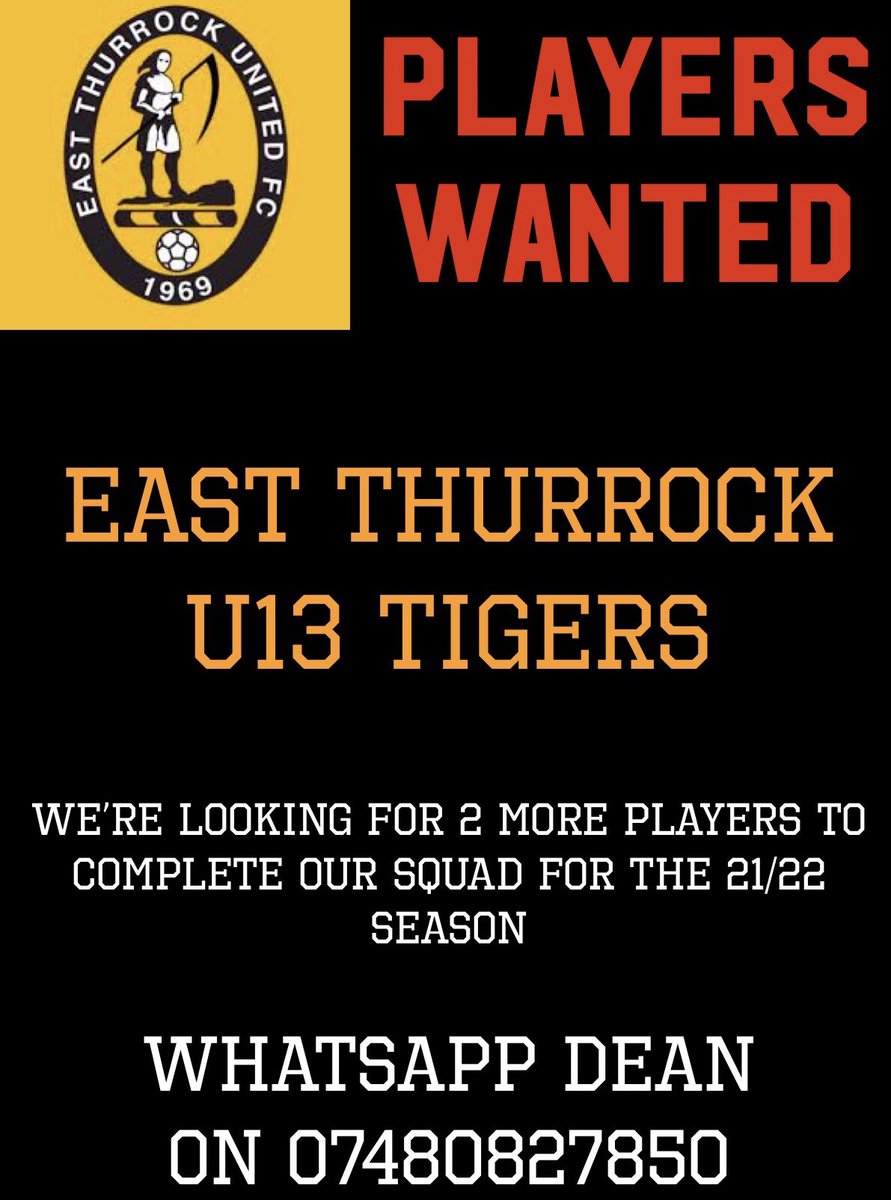 East Thurrock u13 Tigers 
Are looking for 2 more players to complete our squad. 
Please WhatsApp me 07480827850 for more info.
@1EastThurrockFC @east_yfc <a href="/sadjsfl/">SJL</a> <a href="/EssexCountyFA/">Essex County FA</a> #squadbooster