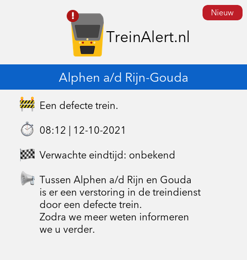 TreinAlert's tweet photo. 🚨 Alphen a/d Rijn-Gouda
🚧 Een defecte trein.

Tussen Alphen a/d Rijn en Gouda is er een verstoring in de treindienst door een defecte trein. Zodra we meer weten informeren we u verder.

#Treinleven #Alphena/dRijn #Gouda https://t.co/eB6IHenLUE