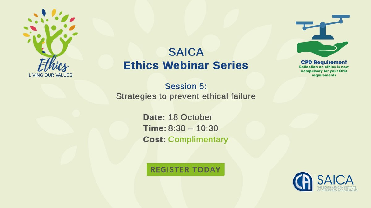 Join Mandie Wentzel (SAICA Project Manager: Practice and Ethics) as she discusses the strategies that businesses can apply to prevent ethical failure.
saicaevents.co.za/book-now/