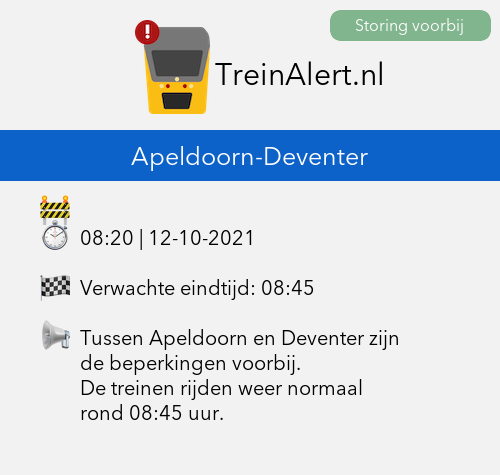 TreinAlert's tweet photo. ✅ @TreinAlert Storing voorbij
⏱ Duur: 23min

Tussen Apeldoorn en Deventer zijn de beperkingen voorbij. De treinen rijden weer normaal rond 08:45 uur. https://t.co/MWRAq3iFbl