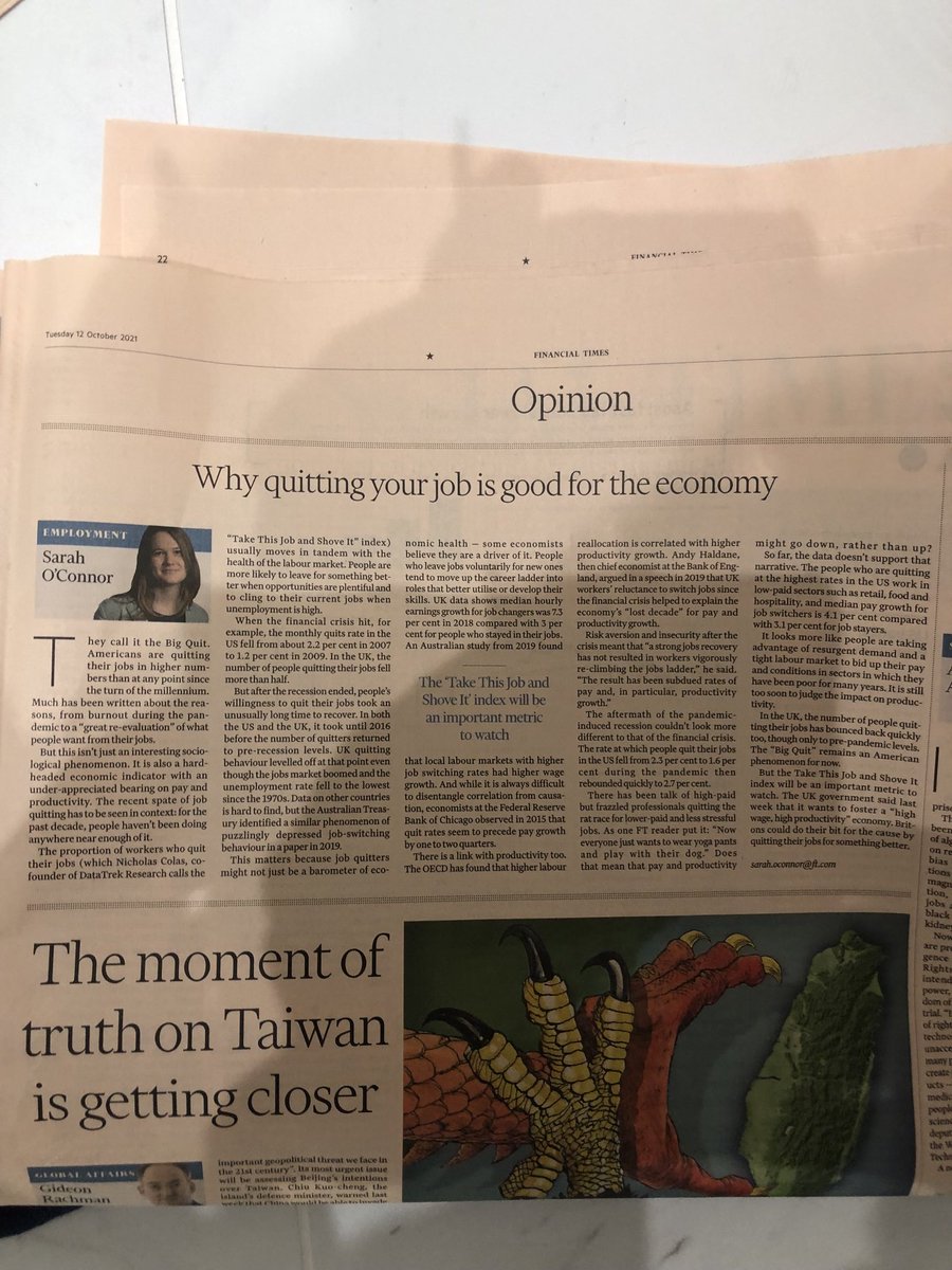 kevingreenwnc's tweet photo. Great article by ⁦@sarahoconnor_⁩ in today’s ⁦@FT⁩ “Why quitting your job is good for the economy” I am big fan of Job fluidity it enables salary growth and helps productivity! https://t.co/YZe4Q3qG9p