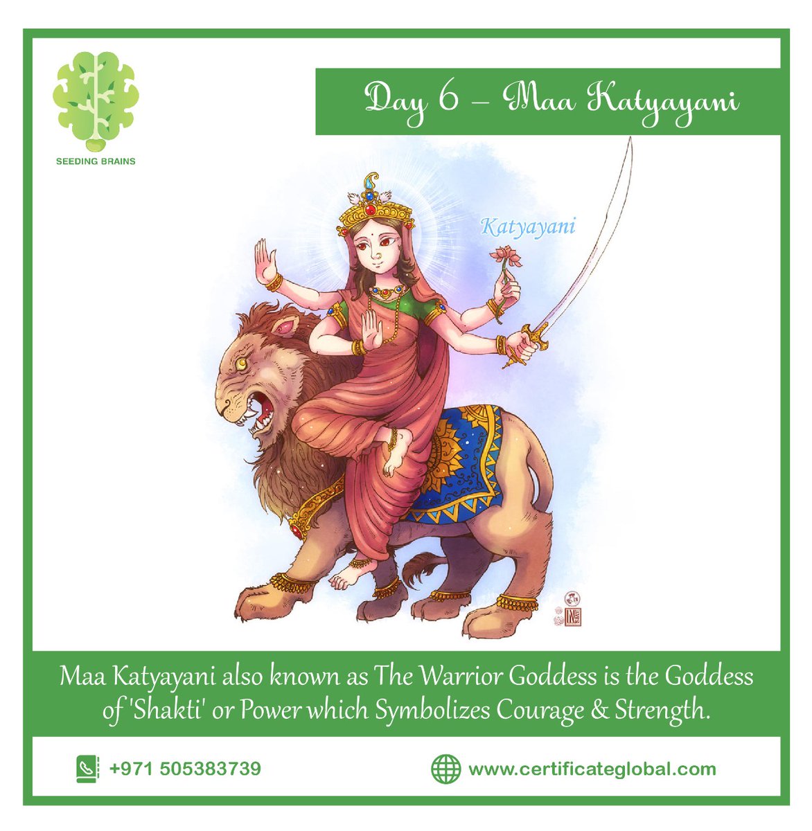 SeedingBrains's tweet photo. @SeedingBrains wishes you the sixth day of #Navratri with #goddesses #Katyayani, who is also a form of Shakti or #power, who #represents #Courage and strength. Also known as the #Warrior #goddess, Katyayani is considered as one of the most violent forms of Goddess Parvati. https://t.co/RhHd48YHPl