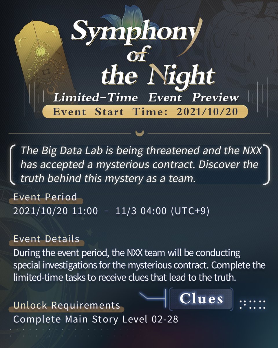 TearsofThemisEN's tweet photo. ✦Symphony of the Night - Event Preview✦

At midnight, a splendid symphony has already begun.
Accept this contract and set the stage for a journey through mysterious urban legends...

Complete the event to earn S-Chip ×800, "Witch's Gift" badge, and other rewards

#TearsOfThemis https://t.co/uAeYVbg1uI
