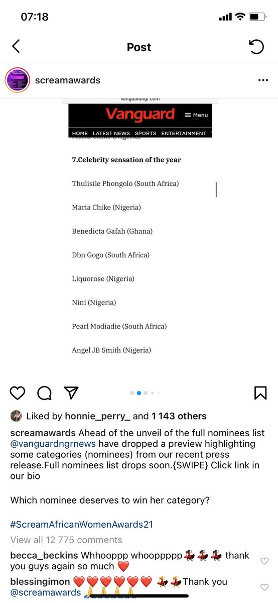 Sizzlee_B's tweet photo. ANGEL has been nominated for the #ScreamAfricanWomenAwards. Please spam the comments with her name #AngelIsLoved #BBNaija https://t.co/M4lpCeKIKm