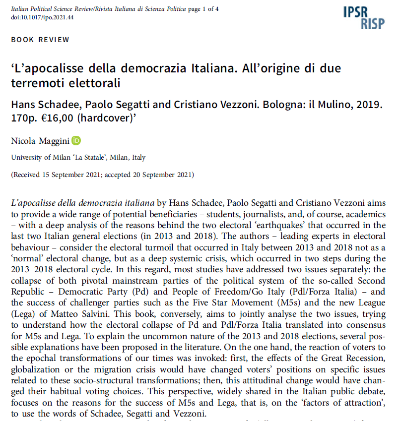 RISP Ita PolSc Rev (@ita_polsc_rev) on Twitter photo New #BookReview 📚 in #FirstView❗
Nicola Maggini reviews Hans Schadee, <a href="/segapavel/">paolo segatti</a> & Cristiano Vezzoni's (eds) 2019 volume:
a deep analysis of the 2️⃣ electoral earthquakes that occurred in 🇮🇹 Italy's general elections of 2013 & 2018
Read for #free👇
ow.ly/YZER50GpNDT New #BookReview 📚 in #FirstView❗
Nicola Maggini reviews Hans Schadee, <a href="/segapavel/">paolo segatti</a> & Cristiano Vezzoni's (eds) 2019 volume:
a deep analysis of the 2️⃣ electoral earthquakes that occurred in 🇮🇹 Italy's general elections of 2013 & 2018
Read for #free👇
ow.ly/YZER50GpNDT