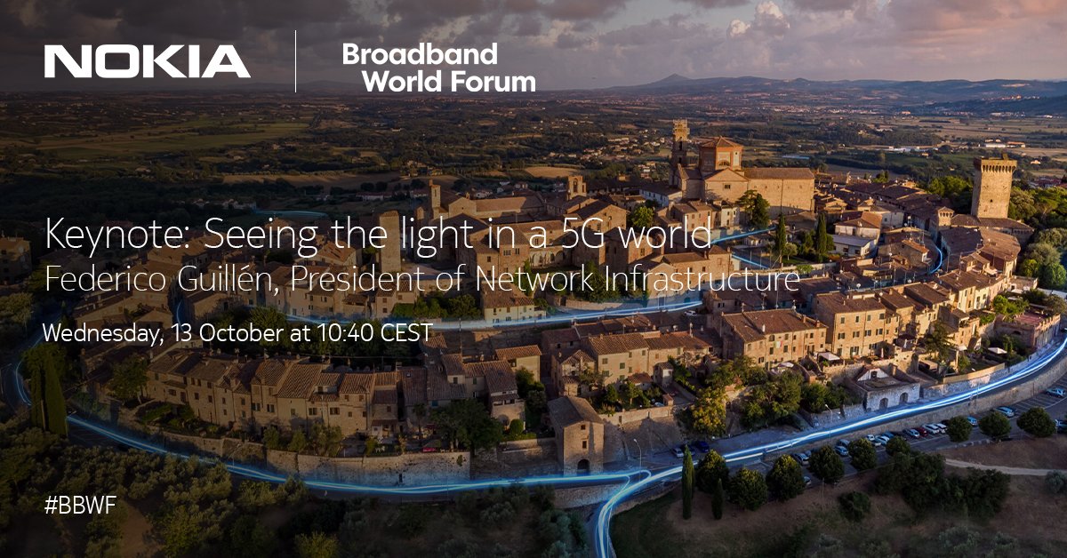 nokianetworks's tweet photo. “Seeing the light in a #5G world” is our keynote delivered by Federico Guillén at @BBWorldForum 2021. Don’t miss it on 13 October at 10:40 CEST https://t.co/oZt2e0WiXs
 #FWA #25GPON #broadband #NGPON #XGSPON #CSPs https://t.co/2ulpQNogcH