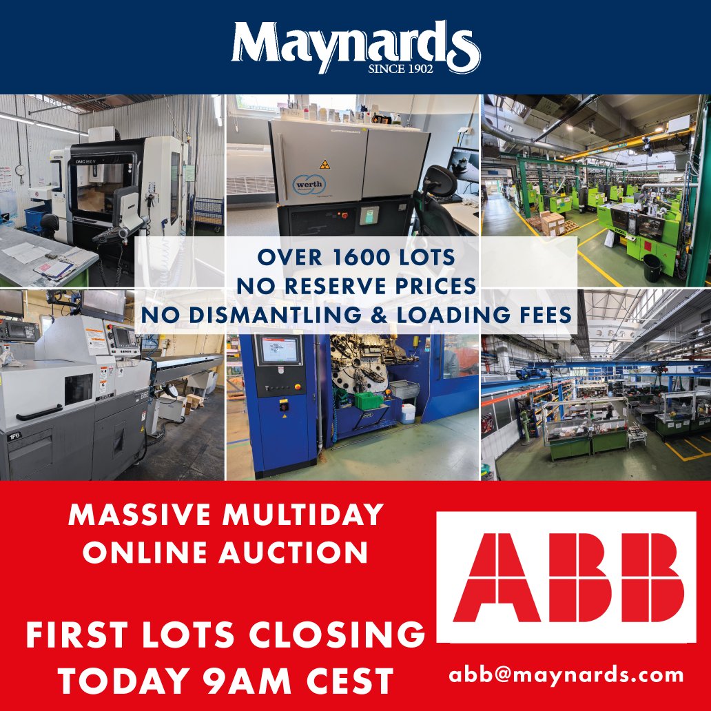 MaynardsEurope's tweet photo. Hundreds of clever people are already bidding on over 1600 lots!!! First lots are closing 9 AM CEST!!! 

https://t.co/XCwNfGh1JS

Don't waste time and money &amp; join this massive #salesevent.
Maynards - Celebrating auctions for over 100 years.

#b2b #onlineauction #machineryforsale https://t.co/5ZOHIyD3LY
