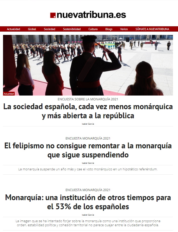 📌Este #12Octubre los medios que integramos la <a href="/PlatMediosIndep/">#EncuestaMonarquía</a> publicamos los resultados de la segunda gran #EncuestaMonarquia realizada por <a href="/40dbES/">40dB.</a> vía <a href="/goteofunding/">𝗚𝗼𝘁𝗲𝗼</a> 
Os dejamos la portada con los artículos preparados por <a href="/nuevatribuna/">nuevatribuna.es #Igualdad</a> 👇
nuevatribuna.es