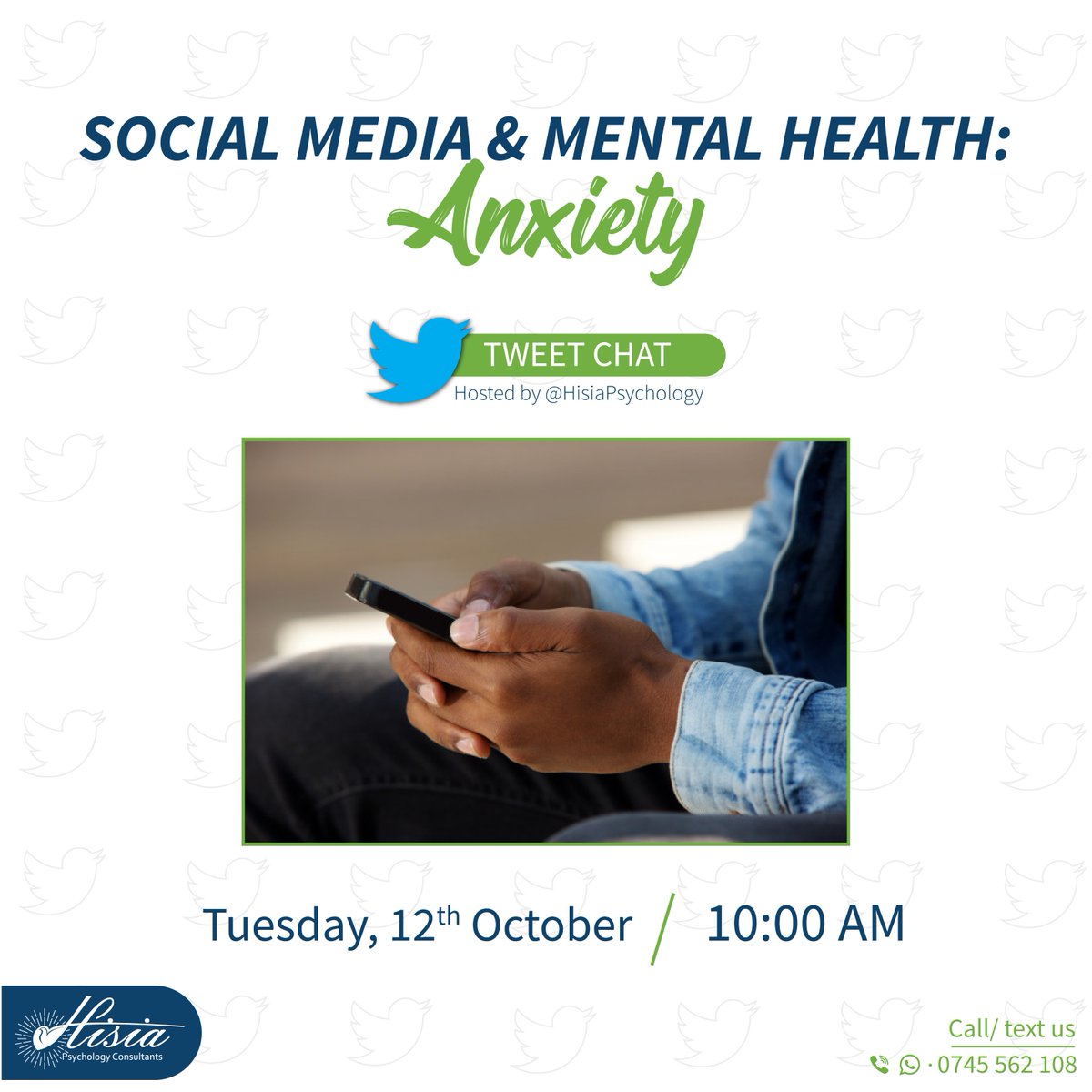 HisiaPsychology's tweet photo. Welcome everyone to today's conversation about Social Media and Anxiety.
We will be joined by @KibabuLinnet @jeffchege5 and @RachealTungu.

Let's begin! https://t.co/eUQd05dNgt
