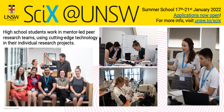 laura_mckemmish's tweet photo. Calling all senior NSW high school students, parents and teachers; want to spend a week in summer doing research at @UNSWScience? Apply now for the SciX program. 

Suitable for Science Extension students. 

Details: https://t.co/rzaO5w34kn Sign up: https://t.co/vW82SholS0 https://t.co/bbjlPmCpKp