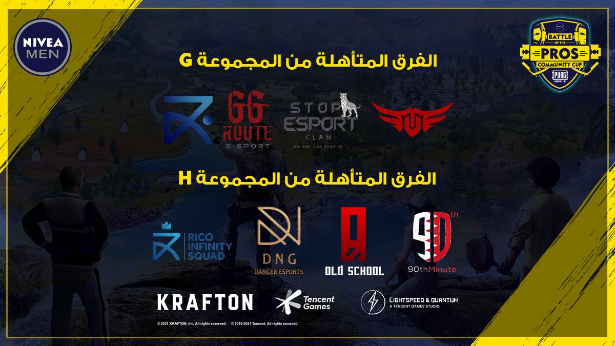 MGG_Arabia's tweet photo. إليكم كل الفرق المتأهلة، من المجموعة الثالثة حتى الثامنة للمرحلة المقبلة من بطولة Battle of The Pros 🏆 

من تتوقعون سيفوز باللقب؟🤔

#BattleofThePros #PUBGMobile #Nivea
#NiveaMenBoTP #NiveaMenCommunityCup https://t.co/QHjSBTIDzI