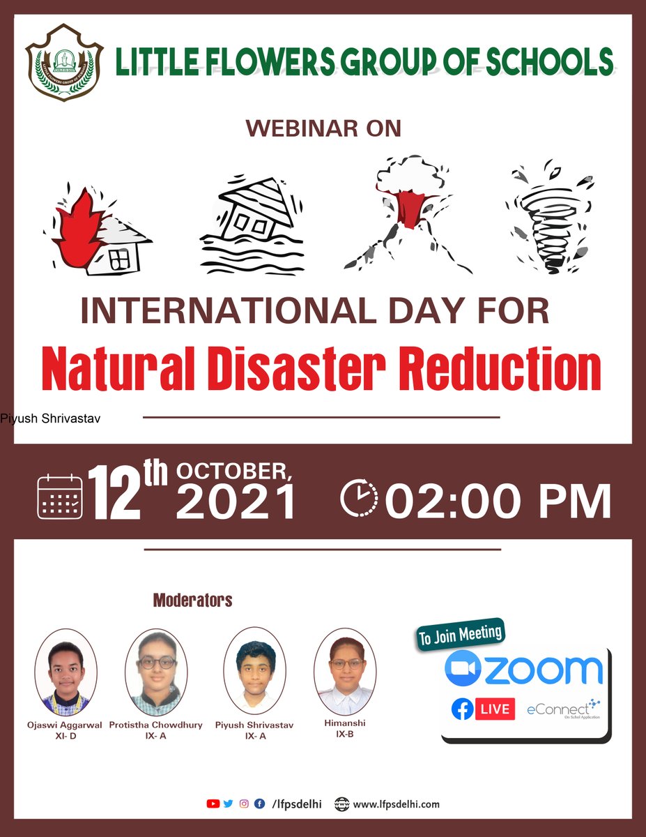 The Eco Club of Little Flowers Group of Schools is organizing a webinar on 'International Day of Natural Disaster Reduction' aimed at enlightening the students about various natural disasters and how their effects can be mitigated.#ecoclub