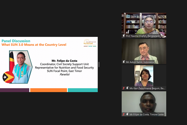 SUN_Movement's tweet photo. HAPPENING NOW:
The interactive panel discussion at the Southeast Asia regional launch of the new #SUNStrategy for 2021-2025. What a great lineup with representatives from:
#TimorLeste 🇹🇱
#Bangladesh 🇧🇩
#Indonesia 🇮🇩
Moderated by @GerdaVerburg our very own SUN Coordinator 🙏🏾 https://t.co/yqxHDQdea9