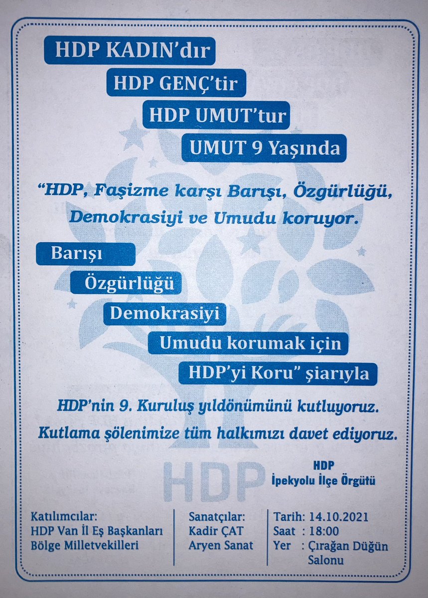 DEMipekyolu's tweet photo. HDP, Faşizme karşı Barışı, Özgürlüğü, Demokrasiyi ve Umudu koruyor. 

Barışı, Özgürlüğü, Demıkrasiyi ve Umudu korumak için sen de HDP’yi koru. 

HDP’nin 9. Yıl kutlamamıza tüm halkımızı davet ediyoruz. #HDP9Yaşında 
@HDPgenelmerkezi @TayipTemel @WanHDP https://t.co/J63zHqScUr