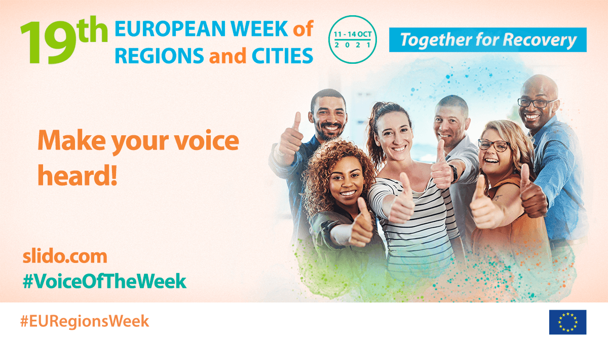 EUinmyRegion's tweet photo. Join a week-long debate on the #EURegionsWeek key topics!
Try the new button in the app and fill in the survey with #VoiceOfTheWeek:
https://t.co/a5XSsCWIW2
We are eager to hear from you: tell us how to make this #EUrecovery more resilient, digital and green! https://t.co/mzceX2sME7