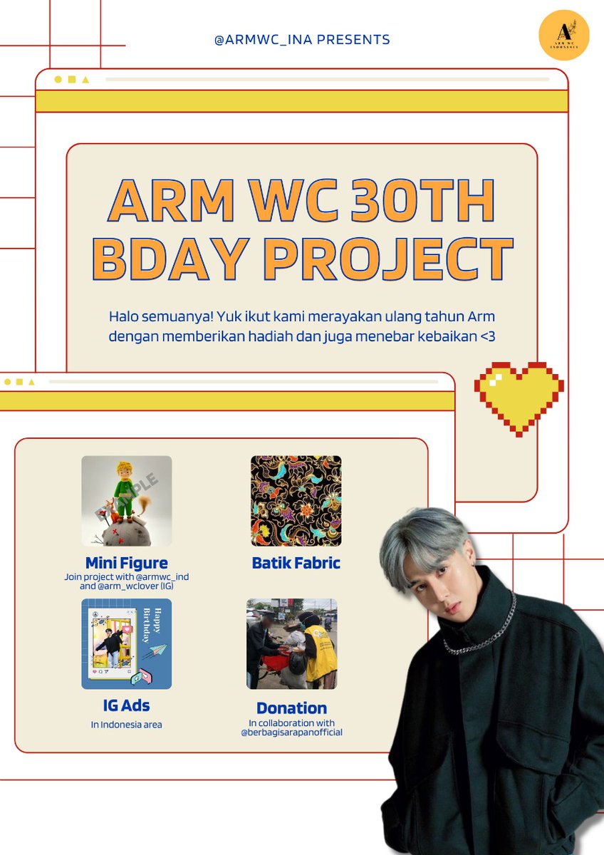 ArmWC_INA's tweet photo. Hai hai semuanyaa! Akhirnya yang ditunggu-tunggu datang jugaa nihh! Arm WC Indonesia kembali dengan project untuk ulang tahun Arm🥳 Tahun ini, kita akan mengirim mini figure (with @ARMWC_IND and arm_wclover (IG)), kain batik, IG ads, dan juga berdonasi. Yuk ikut berpartisipasi!💛 https://t.co/Ad99pOr8Mn