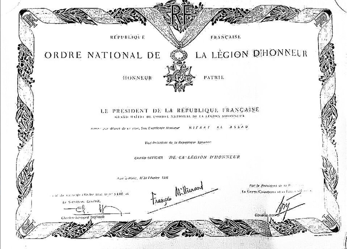 PhilipGrant40's tweet image. Partager la Légion d’honneur avec #RifaatAlAssad, le #BoucherDeHama, poursuivi en Suisse pour #crimesdeguerre et maintenant fugitif de la justice française: un avis @LHdecores, @MuseeLegiondh, @SmlhNational?
Ou peut-être une recommandation à faire à M. @emmanuelmacron?