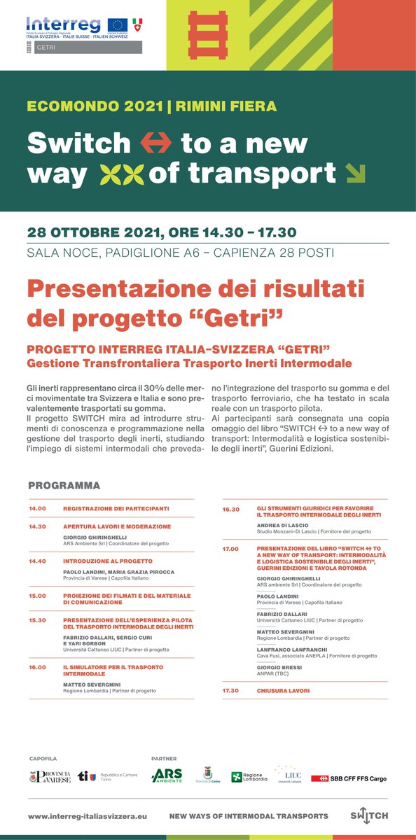 GetriInerti's tweet photo. I risultati di @GetriInerti @Interreg_IT_CH saranno presentati ad @Ecomondo: vi aspettiamo a Rimini 28 ottobre 14:30-17:30, sala Noce, Pad. A6. Save the date! @ARSambienteSrl @UniLIUC @ProvinciaVarese @SBBCargo https://t.co/iiC9tbZoI3