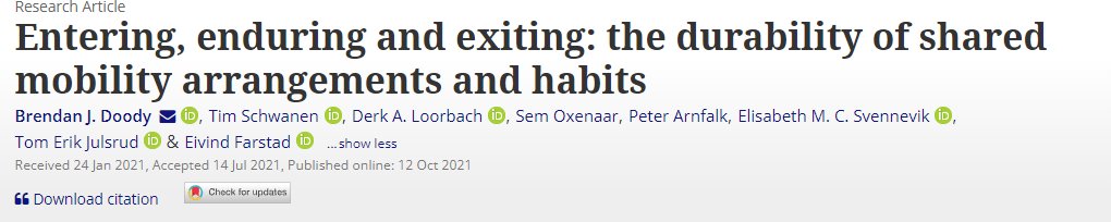 Congrats Brendan doody &amp; @TimSchwanen with this insightful paper on how households use #carsharing! And happy to have been part of the project. Available here: tandfonline.com/doi/full/10.10…