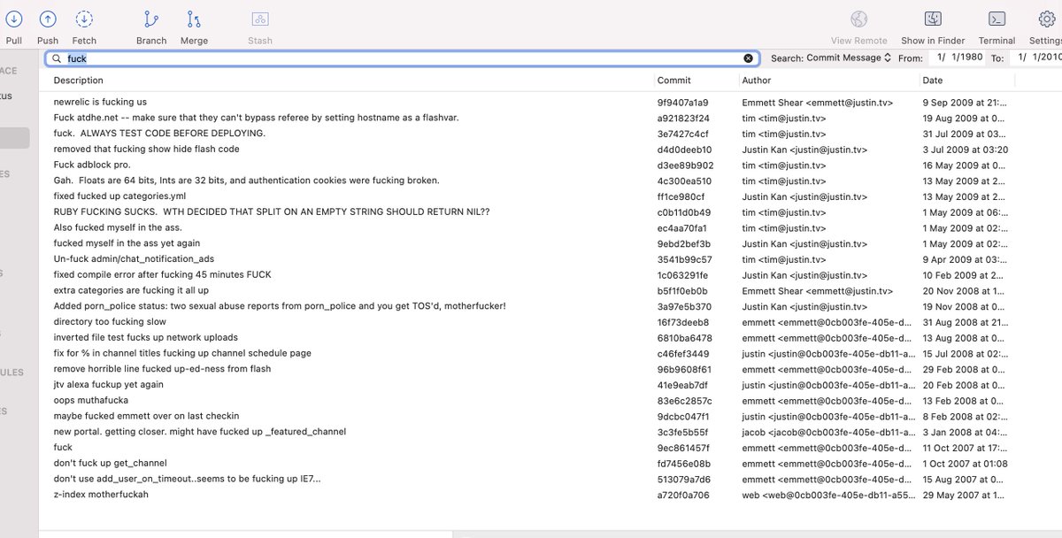 LonelyGenius's tweet photo. Oh boy, that's a lot of swearing in @Twitch's leaked source code git commits. @justinkan @eshear https://t.co/w7zENheY8n