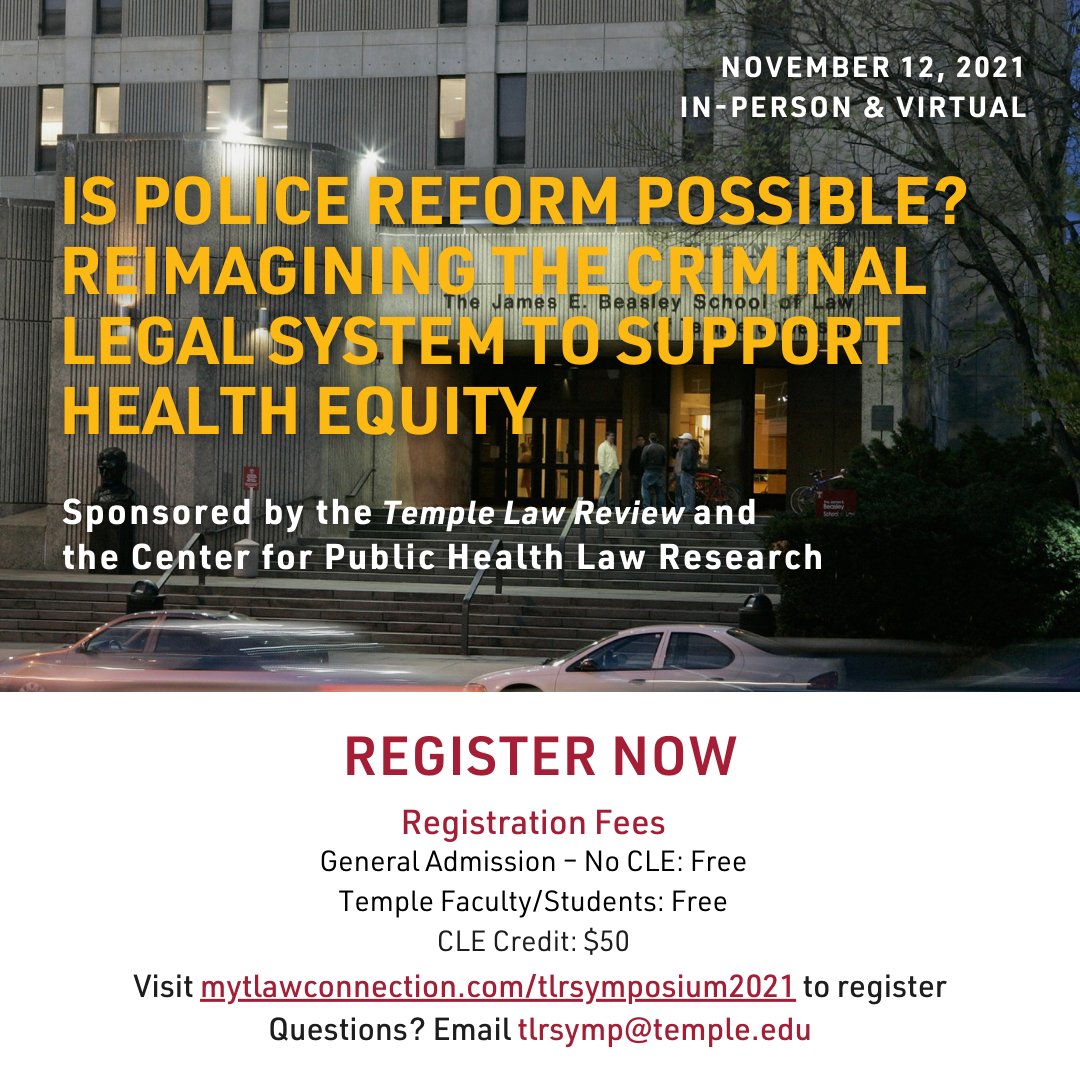 Registration is now open for the upcoming symposium sponsored by CPHLR and <a href="/TempleLawReview/">Temple Law Review</a>. Explore the schedule and panelist information for this discussion about the current landscape of the criminal justice system.

Register now: phlr.org/police-reform-…