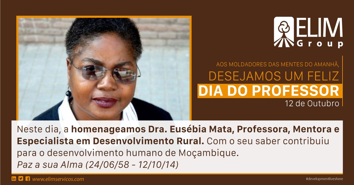 elim_servicos's tweet photo. Desejamos um feliz #dia do #professor!
Neste dia, a #homenageamos Dra. Eusébia Mata, #Professora, #Mentora e #Especialista em Desenvolvimento Rural. Com o seu saber contribuiu para o desenvolvimento humano de Moçambique. Paz a sua Alma (24/06/58 - 12/10/14)

#developmentliveshere https://t.co/hfNnKZvh20