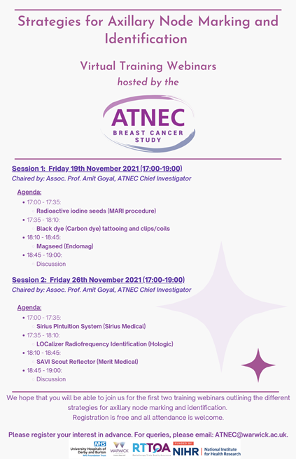 WarwickCTU's tweet photo. ๐REMINDER๐@ATNEC1 is hosting two free training webinars in November, outlining the different strategies for axillary #nodemarking and identification. All welcome. To register for Session 1 (19 Nov 21) https://t.co/6Lp92NqOrq & Session 2 (26 Nov 21) https://t.co/ziXzpIDMVD https://t.co/eugWarjtaH