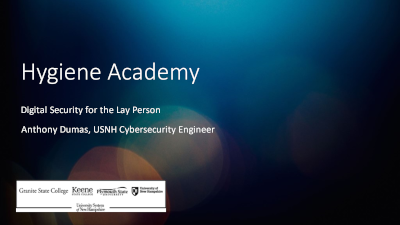 Today from 10-11 am: Hygiene Academy: Security for the lay person. Free and open to @GraniteStateCol <a href="/KeeneState_/">Keene State College</a> <a href="/PlymouthState/">Plymouth State University</a> <a href="/UofNH/">University of New Hampshire</a>. Register and enter to win an iPad mini and other prizes. ittraining.unh.edu/apps/ssr?actio… #cybersecurity #nscam