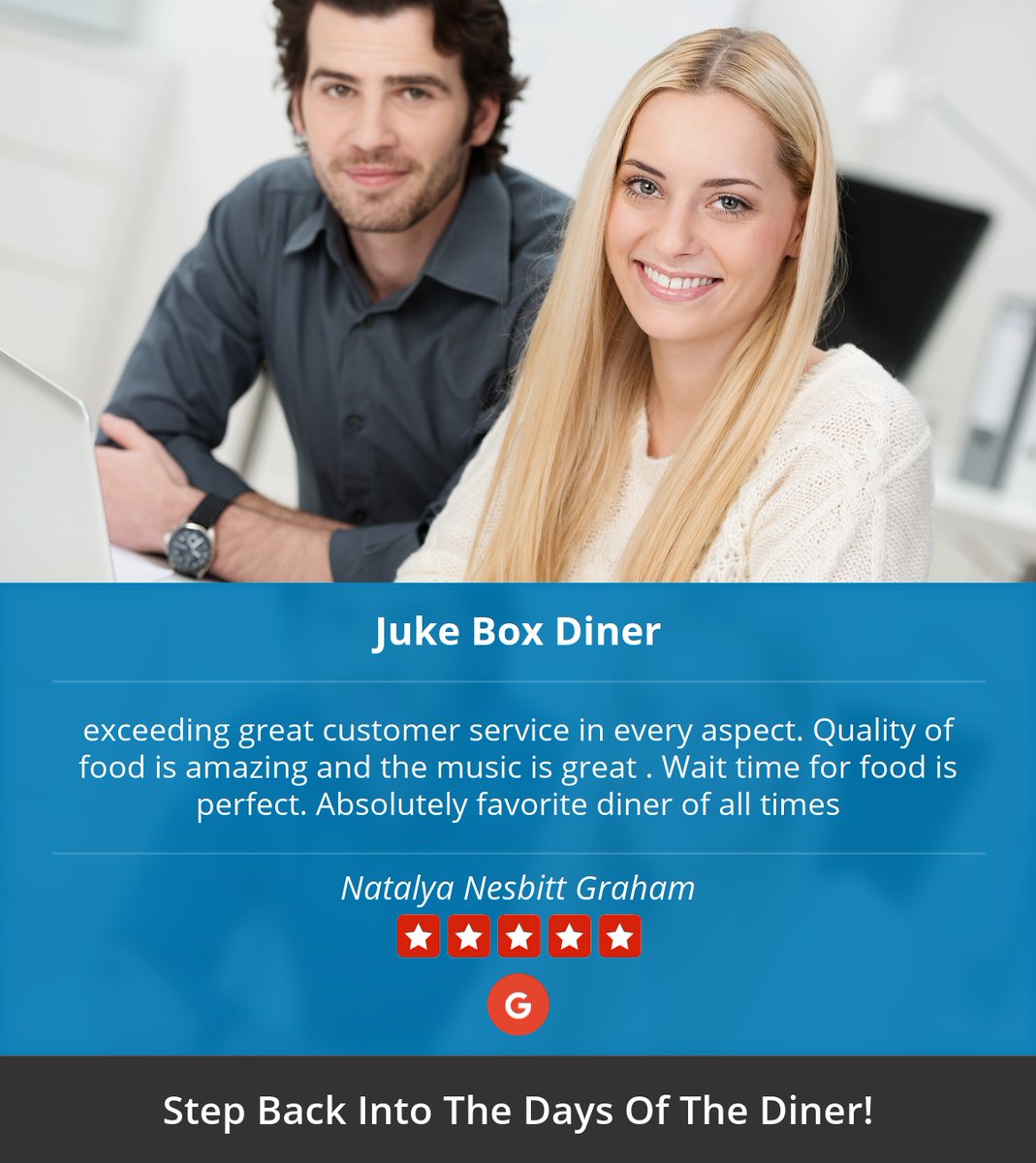 JukeBoxDiner's tweet photo. 5 Star: Natalya N. "exceeding great  customer service in every aspect. Quality of food is amazing and the music..." https://t.co/UyDhQ4oaJf https://t.co/ChPkd7mjR0