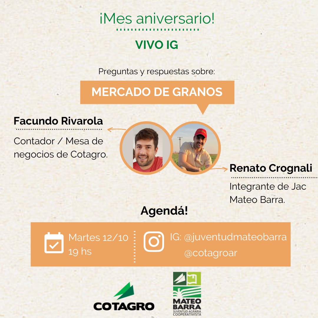 jacmateobarra's tweet photo. ¡Próximo VIVO! 

🥳Seguimos festejando este mes aniversario y te invitamos a participar de este encuentro con muchas novedades sobre el MERCADO DE GRANOS. 🌾

Hoy martes 12/10 a las 19 hs! 🗓️ accedés haciendo click acá: https://t.co/JsNG9xBTJI https://t.co/qfUBpByAcK