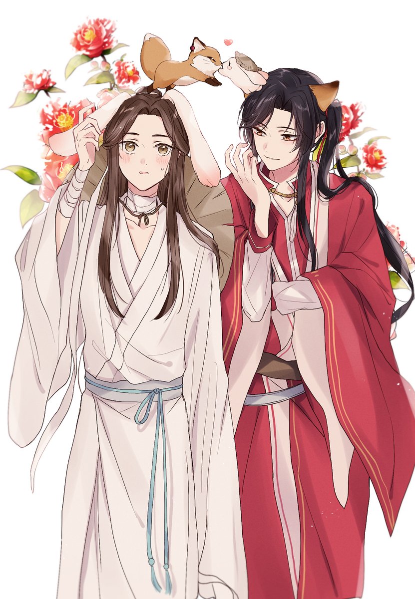 2boys multiple boys animal ears long hair flower male focus chinese clothes  illustration images