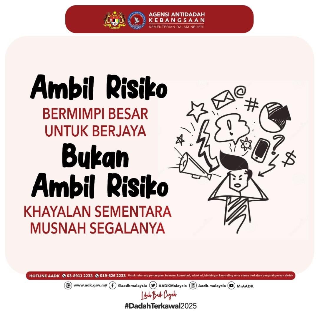 AADKMalaysia's tweet photo. Dalam apa jua keadaan kita mesti bersedia mengambil risiko kerana orang yang berjaya sentiasa berani mengambil risiko tetapi perlu bijak membuat pilihan, keputusan dan kemungkinan yang akan dihadapi. https://t.co/tHsNSS3ZHp