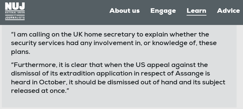 wikileaks's tweet photo. UK National Union of Journalists demands release of award winning journalist and publisher Julian Assange in wake of CIA Assassination-kidnap plot revelations #FreeAssangeNOW #NoExtradition
https://t.co/kBbNysktQN https://t.co/oM0fyywpYK
