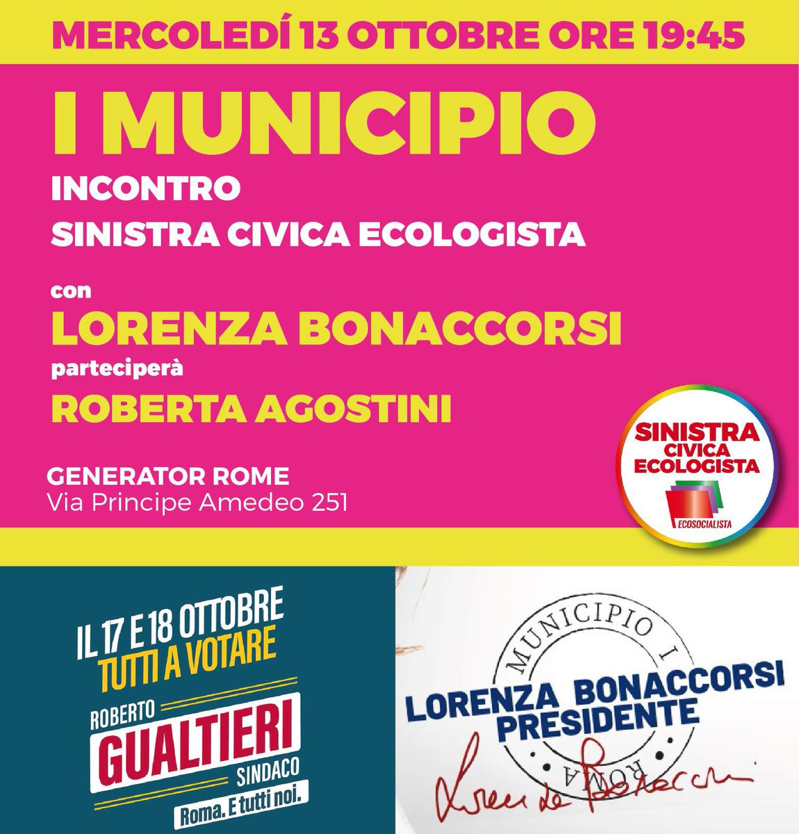 MargheritaComp2's tweet photo. Mercoledì 13 ottobre alle ore 19:45 si terrà un incontro con @lorenzabo per @SincivecoRoma a sostegno di @gualtierieurope presso il Generator Rome. Parteciperà anche @robertagostini_ https://t.co/aswtMNVWyU