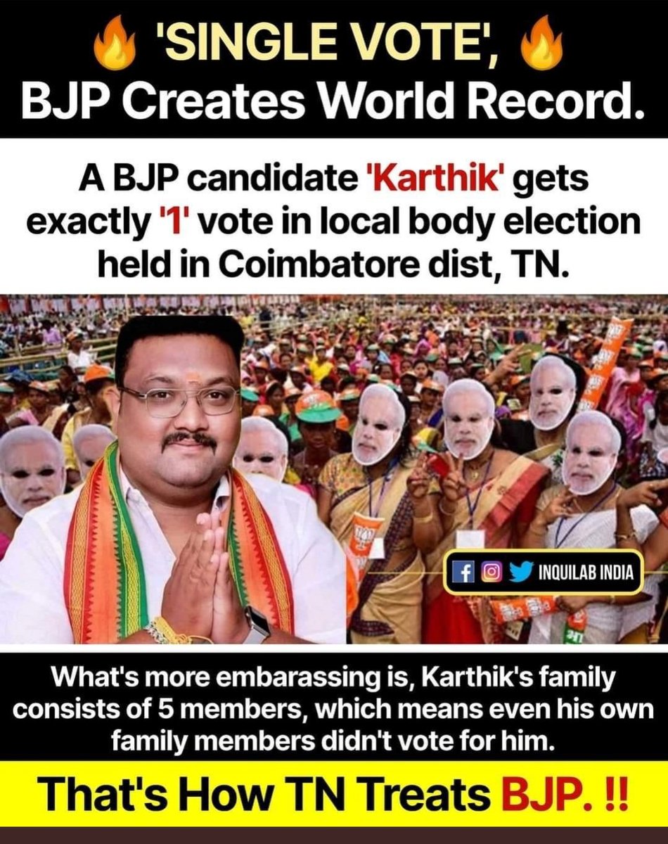Tamil Nadu: BJP Executive Committee member Sh. Karthi who contested local body election in coimbatore has created history by getting JUST ONE VOTE in the election

Sh.Karthi has a family of 5 members,evn His family members not voted for him

Welcome to Tamilnadu

Jai Sri Ram😂😂