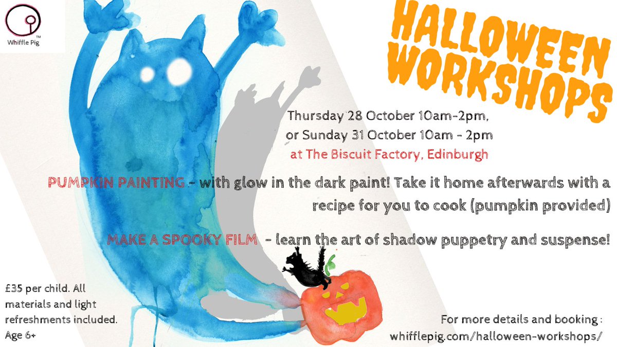 WhifflePig's tweet photo. Bookings are open for our Halloween workshops! We'll be painting glow in the dark pumpkins, and making our own spooky films. 10am - 2pm on 28 or 31 Oct at the Biscuit Factory in Edinburgh. Full details and tickets : https://t.co/k2UaO1VIOE https://t.co/tFkoOfeq7s