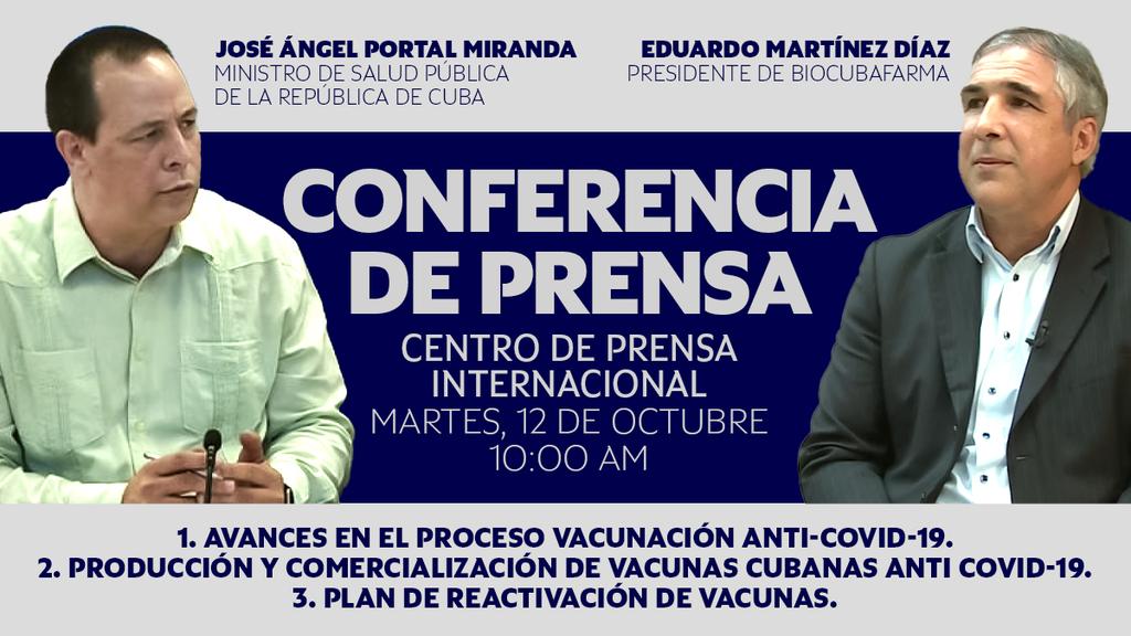 A las 10:00 a.m. hora de #Cuba, se ofrecerá una conferencia de prensa de actualización sobre el proceso de vacunación en nuestro país. Siga los sucesos en vivo vía YouTube y Facebook de @CubaMINREX, así como @MinrexCpi #MásQueUnaVacunaEsUnPaís