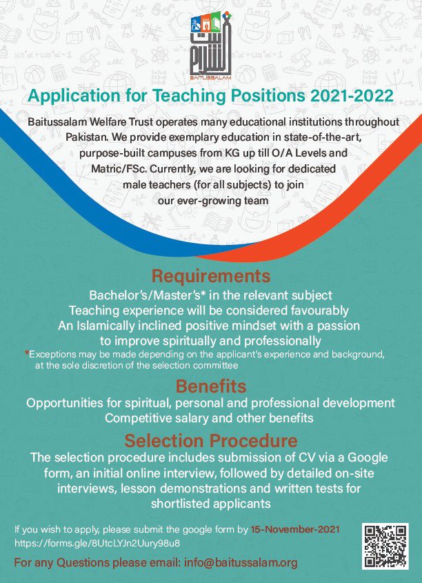 Baitussalam_Org's tweet image. Application for teaching positions 2021-2022

If you wish to apply, please submit the google form ASAP! (Form can be accessed by the link below or by scanning the QR code on the poster) 
forms.gle/8UtcLYJn2Uury9…
#TeachingPositions #BWT #AllAcrossPakistan