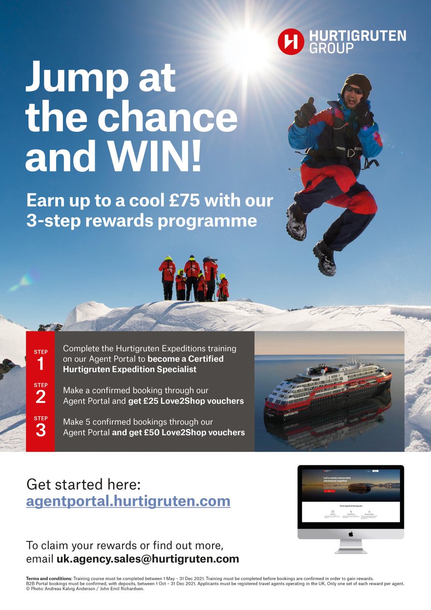 Want to become a Certified Hurtigruten Expeditions Specialist? 

Take our training course now through our B2B Portal to get your certificate and complete Step 1 of our 3-step rewards programme - where there's up to £75 of Love2Shop vouchers up for grabs: bit.ly/HRGTraining