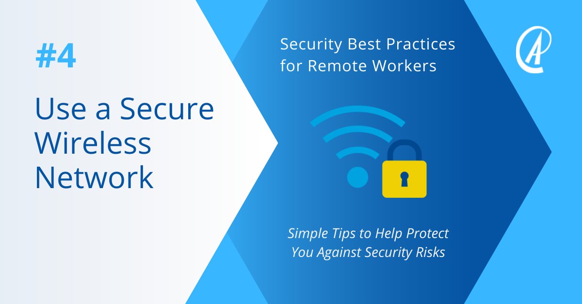 AccessITGroup's tweet photo. Tip #4 to Help Protect You Against Security Risks: Use a #SecureWireless Network. Establish a #SafeWiFi connection and #StrongPassword made of upper and lower case letters, #s and symbols. Do not connect to public WiFi when accessing your corp network. Do Your Part. #BeCyberSmart https://t.co/7wSQftRovG