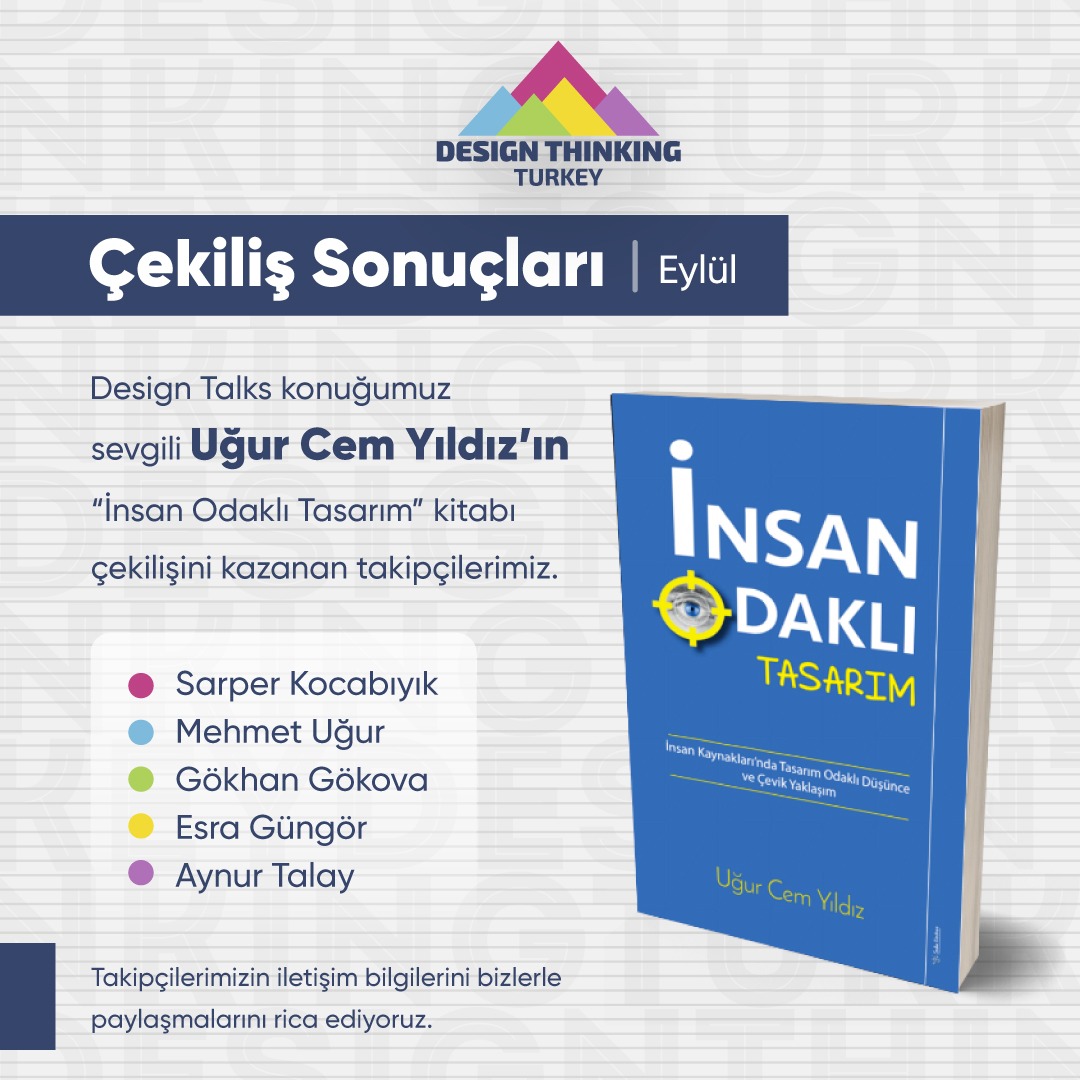 Eylül ayı Design Talks konuğumuz sevgili Uğur Cem Yıldız’ın İnsan Odaklı Düşünce kitabı için çekilişi kazanan 5 takipçimiz; 🔴Sarper Kocabıyık 🔵Aynur Talay 🟢Mehmet Uğur 🟡Gökhan Gökova 🟣Esra Güngör #designthinkingturkey #designtalks #designthinking