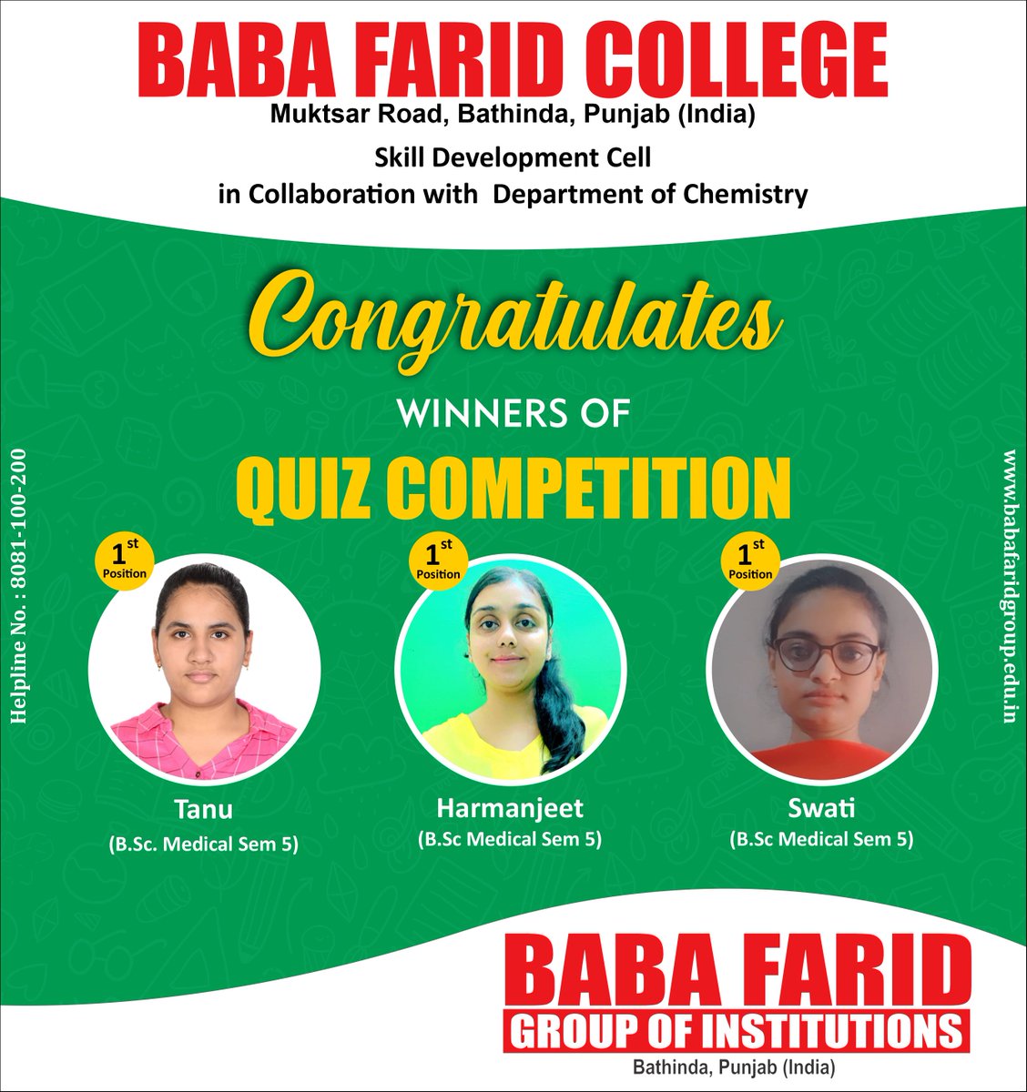 BabaFaridGroup's tweet photo. Skill Development Cell in Collaboration with Department of Chemistry, Baba Farid College organized a Quiz Competition on Practical Chemistry.
#BFGI #BFC #Chemistry #SkillDevelopment #PracticalChemistry https://t.co/PJAB25s4Ig