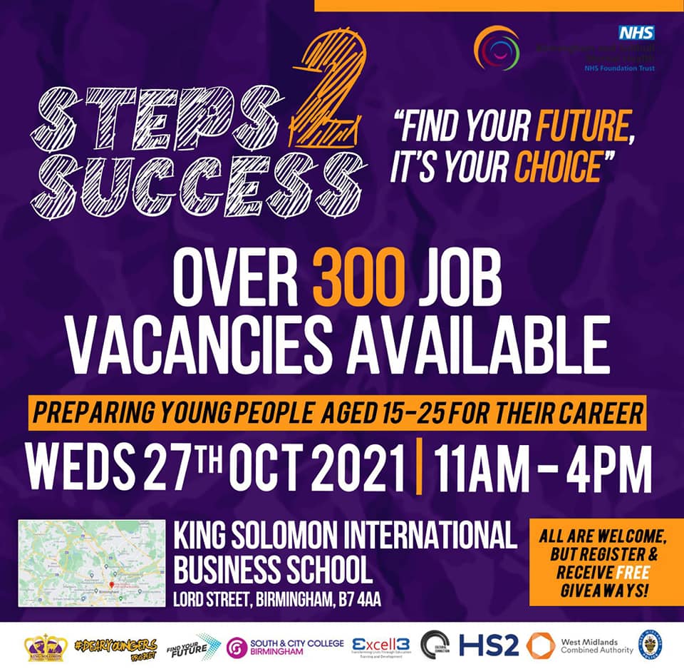 TheUffculme's tweet photo. The jobs opportunity fair will take place on Wednesday 27th October 11 – 4pm @ King Solomon International Business School Lord Street, Birmingham, B7 4AA 9-10.30 set up for Free stalls #steps2success @bsmhft #jobs https://t.co/HkX5ks6xft