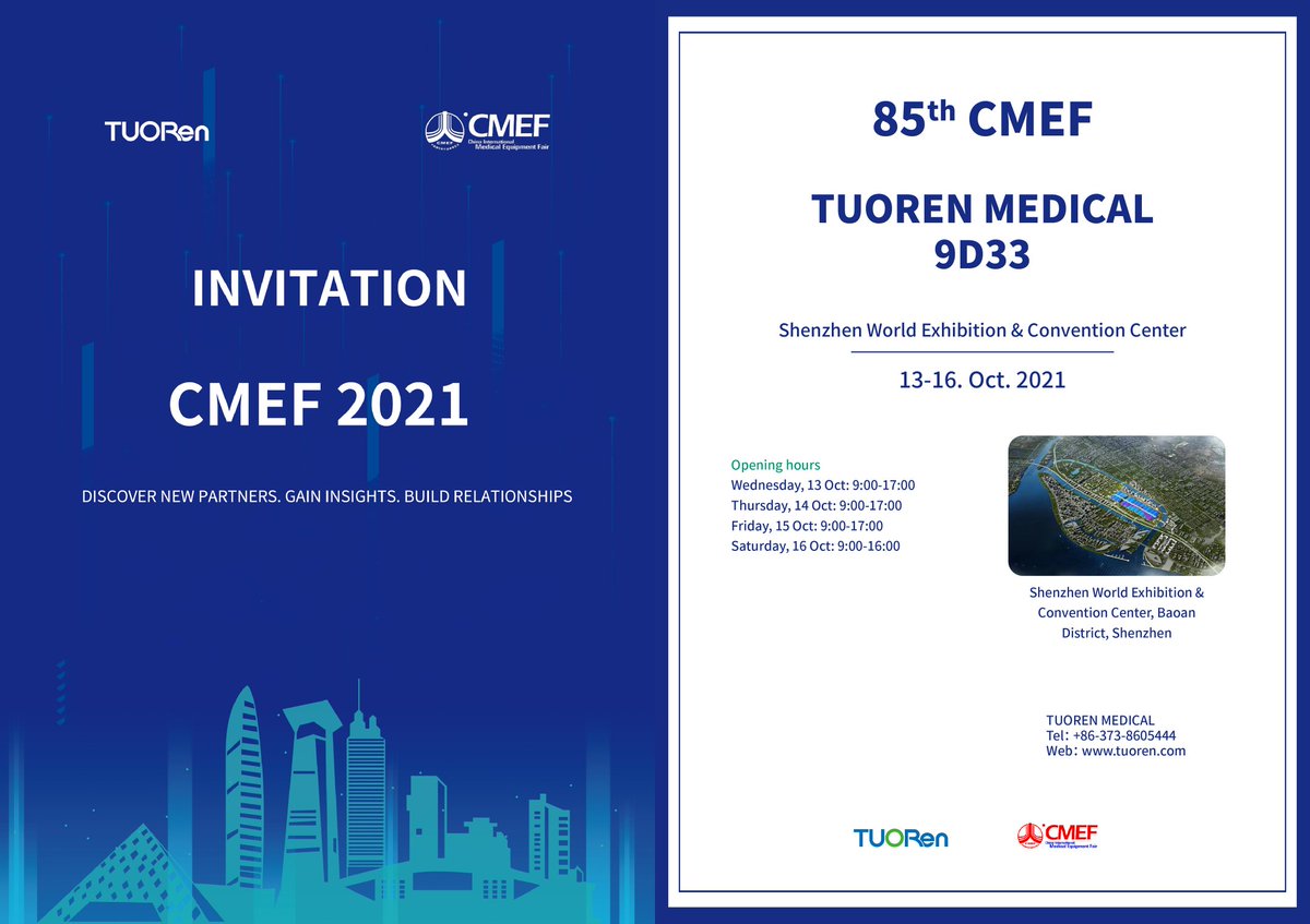 TuorenMedical's tweet photo. The 85th CMEF will be held from October13-16 in Shenzhen, China. The booth of Tuoren is 9D33. Welcome to join us and we will see you there on time. #CMEF #MEDICAL https://t.co/qF3G9eJpP9