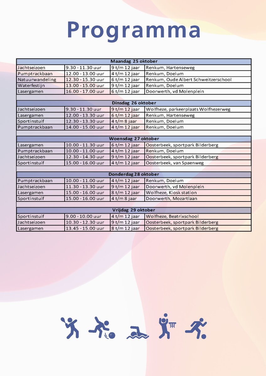 In de herfstvakantie kun je weer lekker sporten in de <a href="/Gem_Renkum/">Gemeente Renkum</a>! In samenwerking met Jong Renkum voor Elkaar en <a href="/rzcrenkum/">RZC Renkum</a> hebben wij een leuk programma gemaakt voor kinderen (4 t/m12 jaar). Meer informatie &amp; aanmelden 👉🏼 sportenbeweegteamrenkum.nl