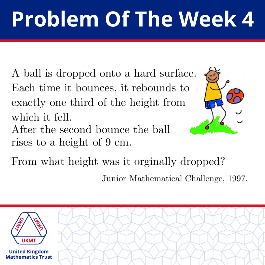 Problem Of The Week 4.

Solution posted on Thursday. 

*Please don't post the solution so that others get chance to work on the problem - instead, post a 'thumbs up' emoji if you think you know the answer. 👍

#UKMT #ProblemOfTheWeek