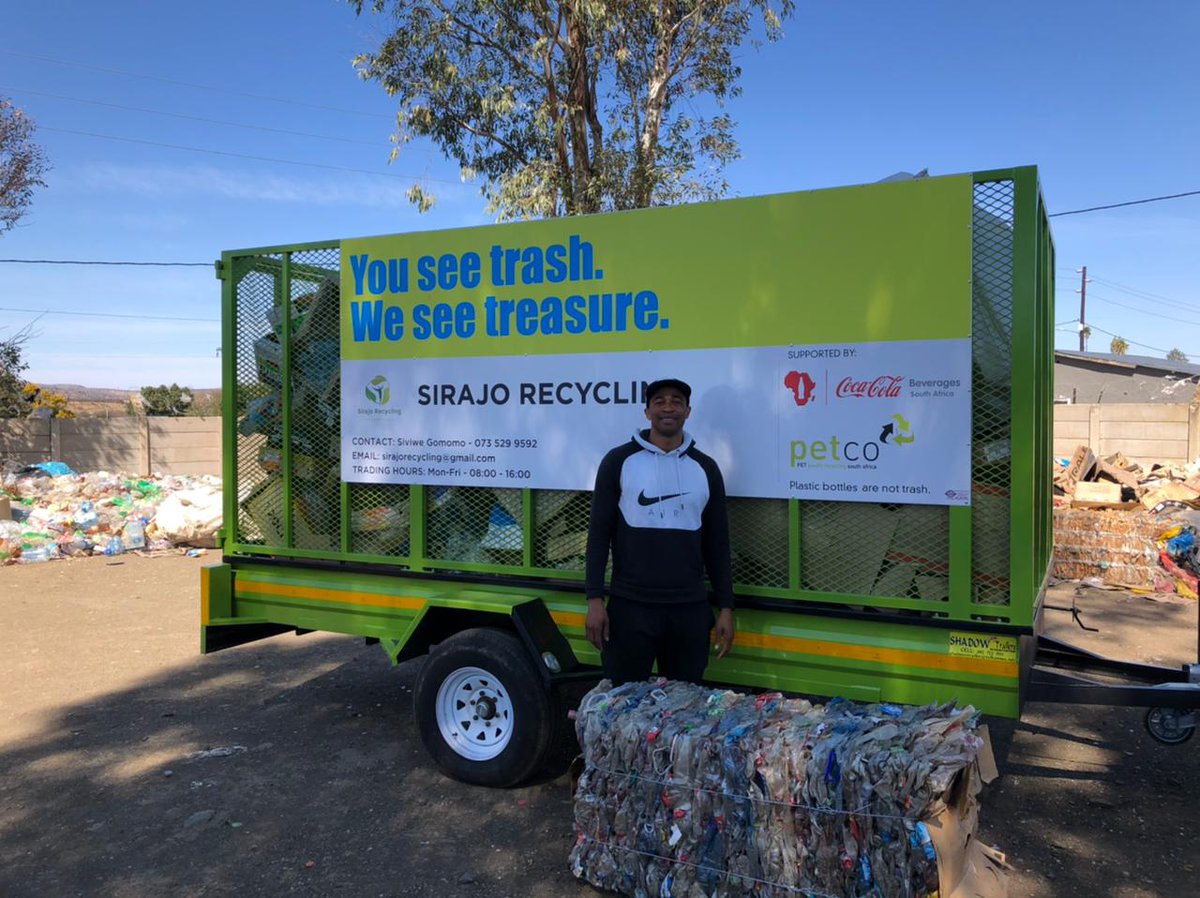 Petco_Official's tweet photo. Sirajo Recycling is a youth-owned buy-back centre in Adelaide (EC). They employ 5 people. This year, we sponsored them with 50 bulk bags &amp; in partnership with Coca-Cola Beverages South Africa, we supported the centre with Covid relief funds &amp; a 4m branded trailer. @environmentza https://t.co/kxWL2Kcvph