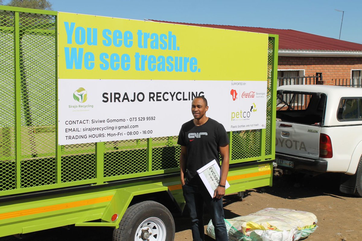 Petco_Official's tweet photo. Sirajo Recycling is a youth-owned buy-back centre in Adelaide (EC). They employ 5 people. This year, we sponsored them with 50 bulk bags &amp; in partnership with Coca-Cola Beverages South Africa, we supported the centre with Covid relief funds &amp; a 4m branded trailer. @environmentza https://t.co/kxWL2Kcvph