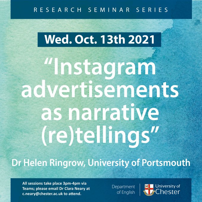 Our Chester Stylistics Seminar Series organised by <a href="/ClaraONeary/">Dr Clara Neary</a> starts tomorrow (Weds 13th Oct) at 3pm with a talk by <a href="/HelenRingrow/">Dr Helen Ringrow</a> on "Instagram advertisements as narrative (re)tellings".  All welcome. Click here to join the meeting: teams.microsoft.com/l/meetup-join/…